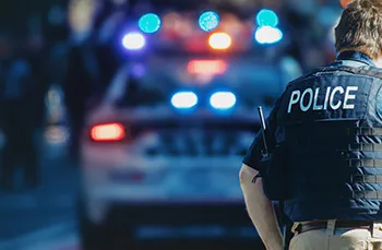 Police officer standing in the foreground with a police car with its sirens on in the background.