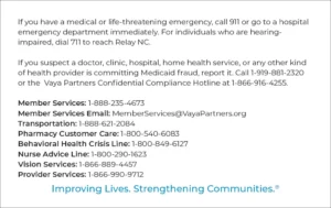 Vaya Partners Medicaid Card Back